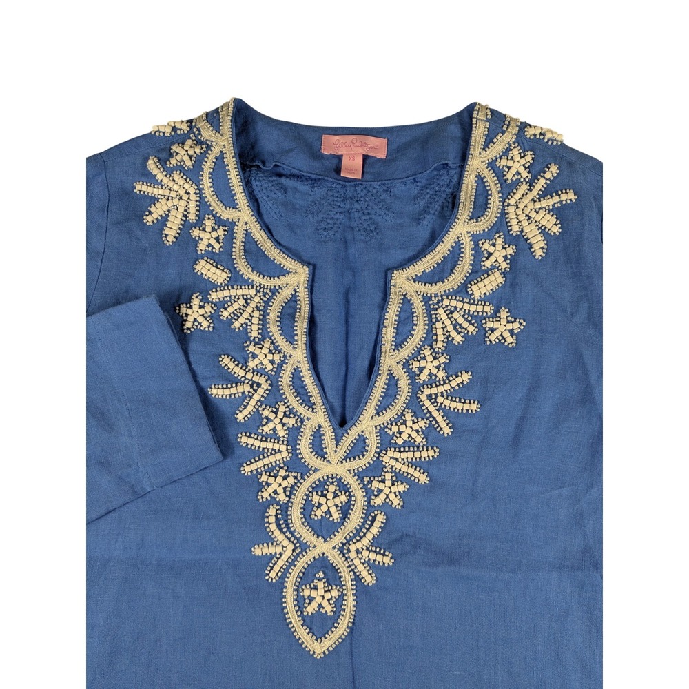 Lilly Pulitzer Amelia Island XS Blue Linen Embellished Tunic Top‎ Blouse Shirt